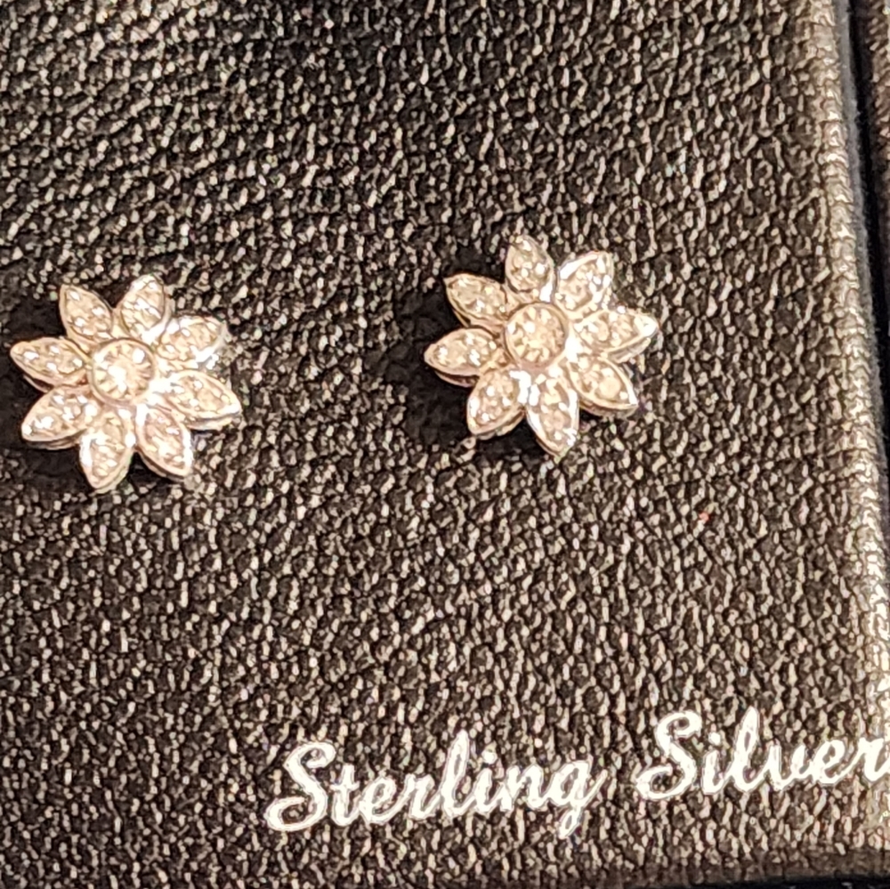 Macy's Sterling Silver Diamond Flower Earrings - Picture 3 of 3